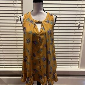 Peach Love California Sleeveless Mustard Yellow Floral Ruffle Hem Tunic dress